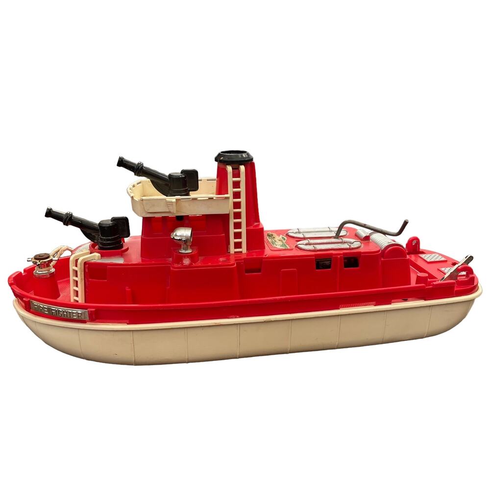 Ideal Fire Fighter Boat Water Pumping 4714 Vtg 1960s Red & White w/ Wheels READ
